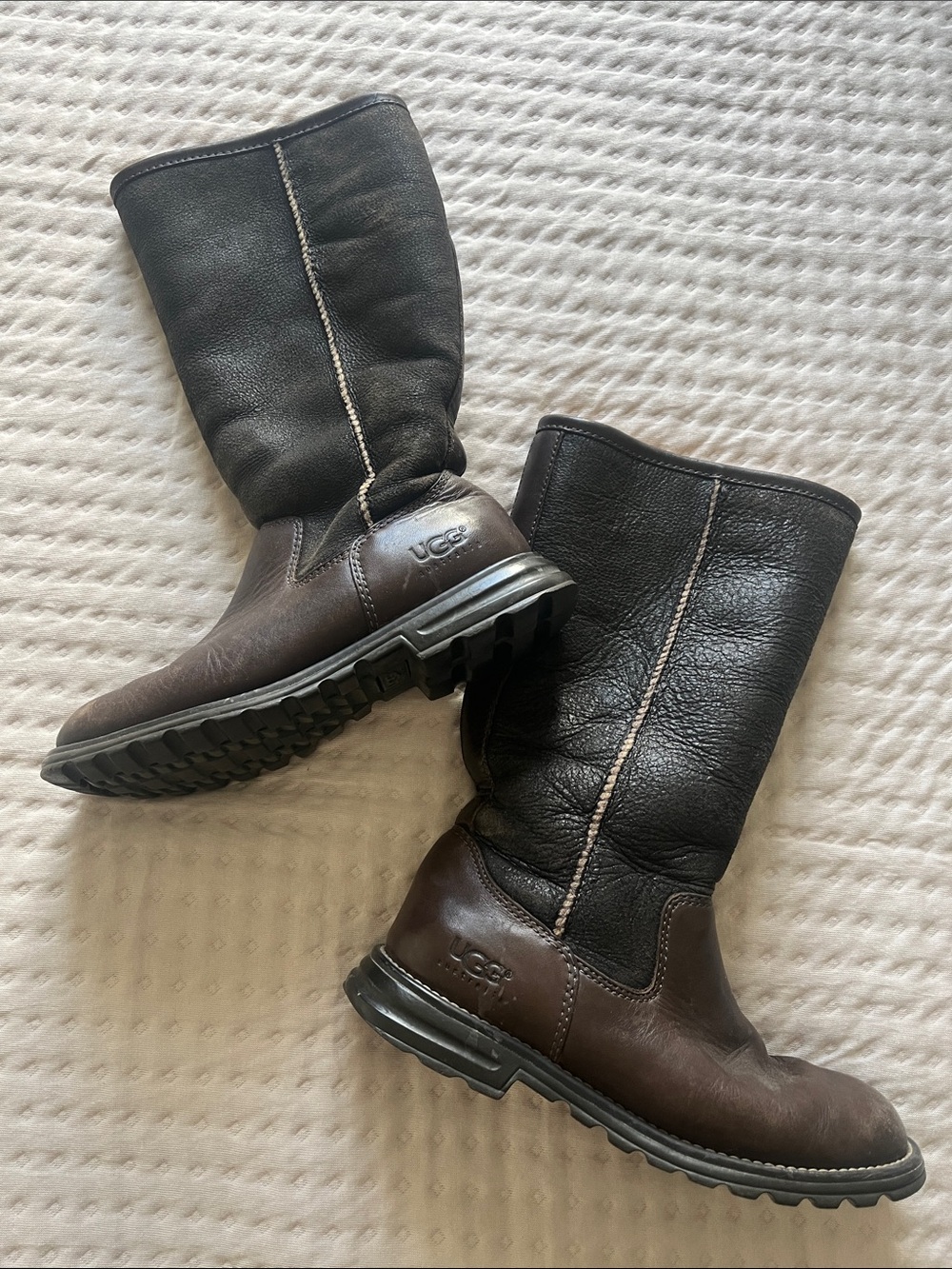 UGG Two-Tone Brown and Black Leather Mid-Calf fur lined Boots